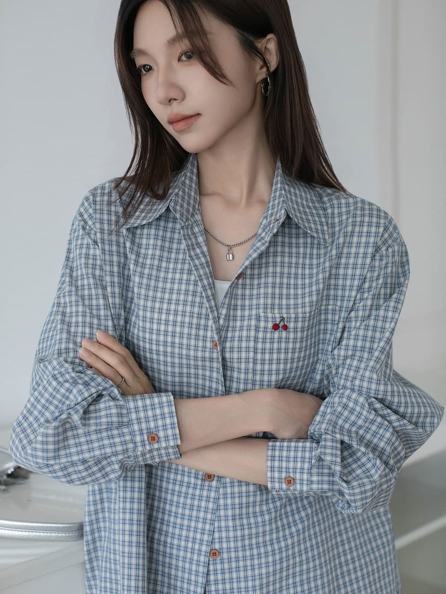 실사 2026 년 봄 여름 새로운 긴팔 여성 셔츠 루즈핏 면 100% 체리 자수 체크무늬 셔츠 자외선 차단 복 상세 이미지 8