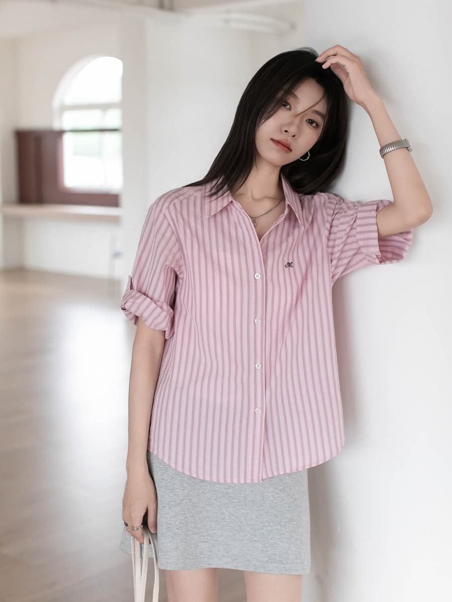 실사 자수 소매 袢 디자인 순면 세로 줄무늬 여성 셔츠 2026 봄 여름 작은 키 맨위 상세 이미지 10