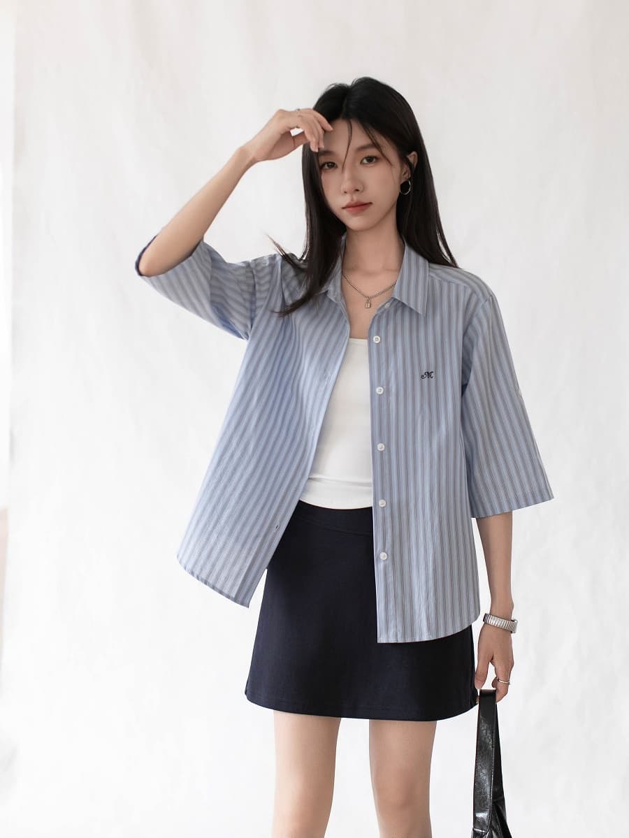 실사 자수 소매 袢 디자인 순면 세로 줄무늬 여성 셔츠 2026 봄 여름 작은 키 맨위 상세 이미지 14