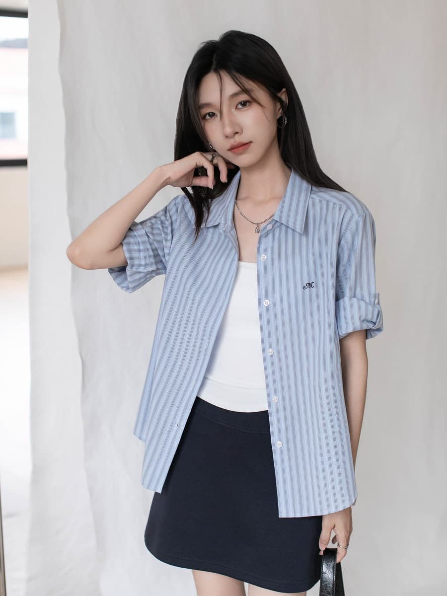 실사 자수 소매 袢 디자인 순면 세로 줄무늬 여성 셔츠 2026 봄 여름 작은 키 맨위 상세 이미지 16