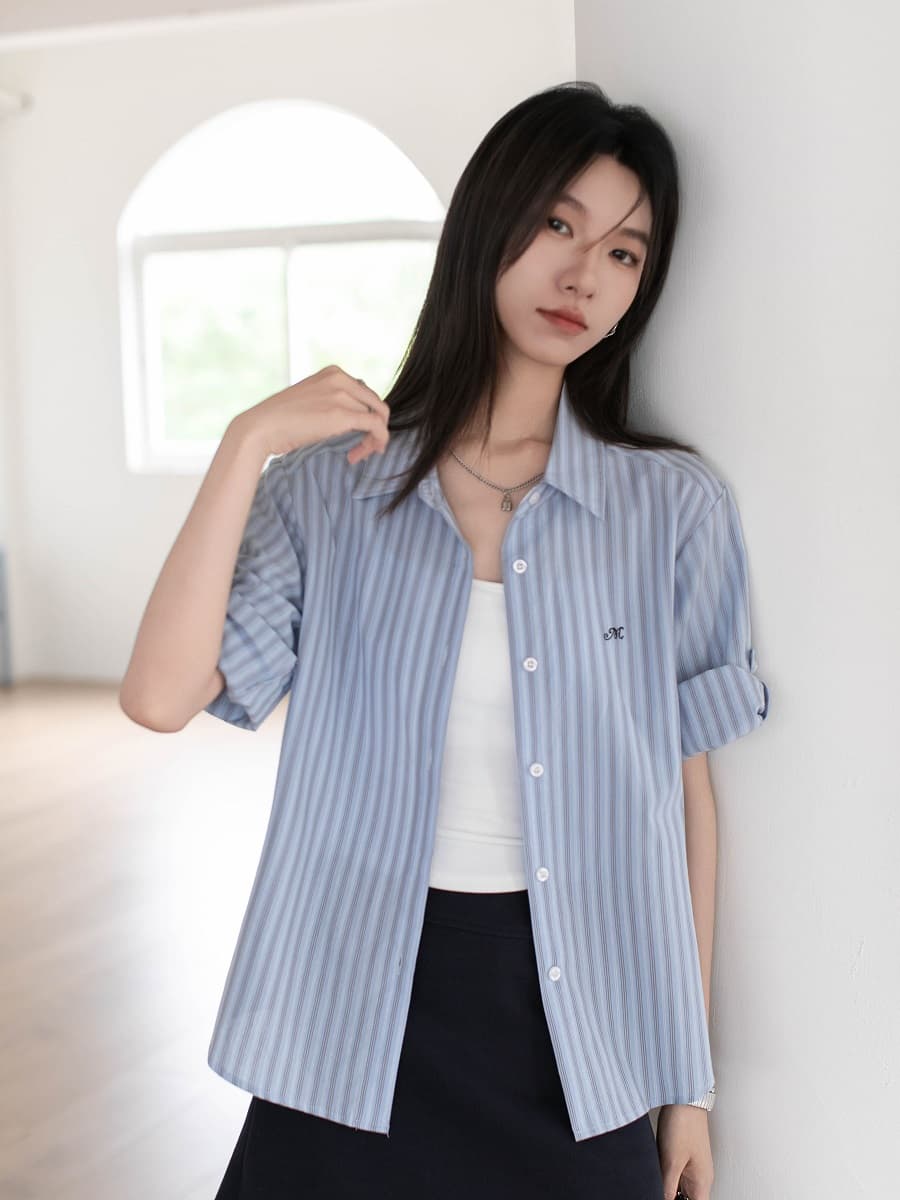 실사 자수 소매 袢 디자인 순면 세로 줄무늬 여성 셔츠 2026 봄 여름 작은 키 맨위 상세 이미지 18
