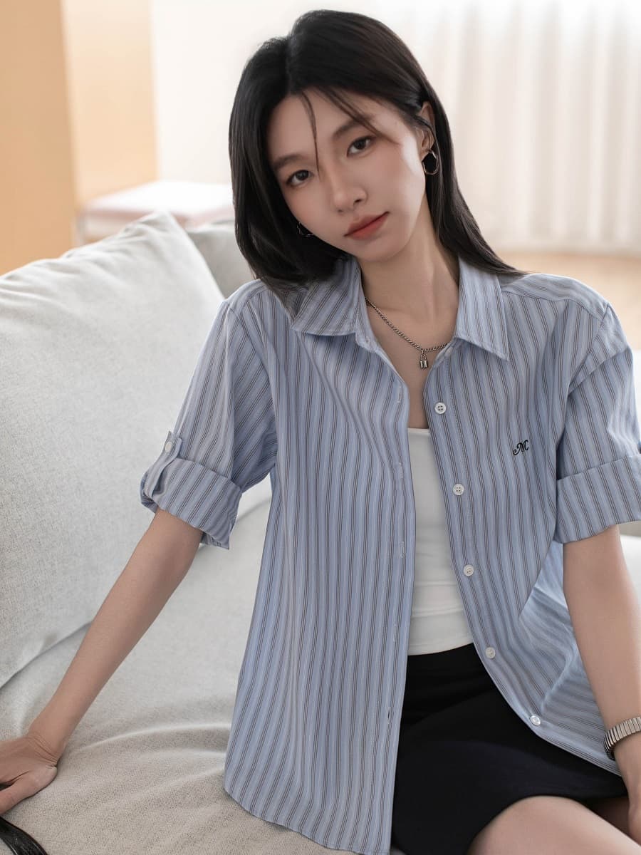 실사 자수 소매 袢 디자인 순면 세로 줄무늬 여성 셔츠 2026 봄 여름 작은 키 맨위 상세 이미지 19