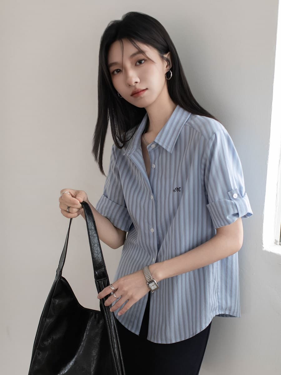 실사 자수 소매 袢 디자인 순면 세로 줄무늬 여성 셔츠 2026 봄 여름 작은 키 맨위 상세 이미지 23