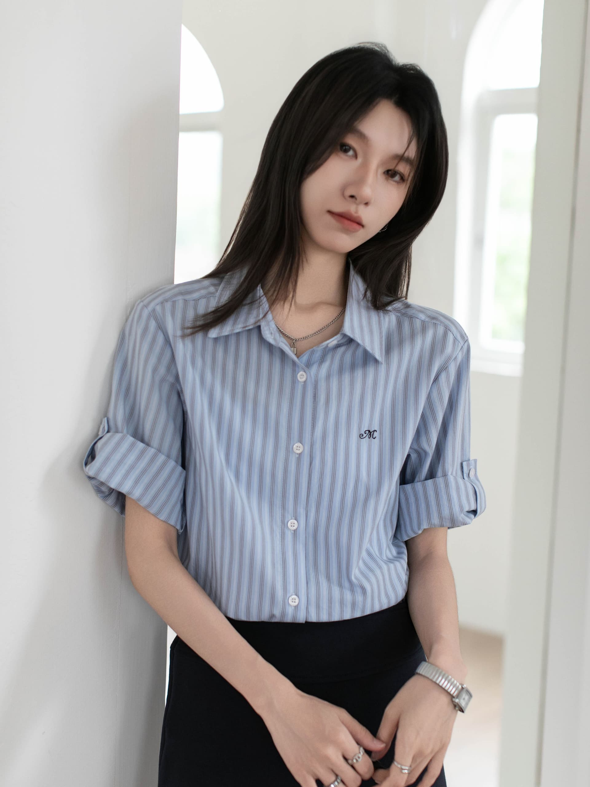 실사 자수 소매 袢 디자인 순면 세로 줄무늬 여성 셔츠 2026 봄 여름 작은 키 맨위 상세 이미지 25