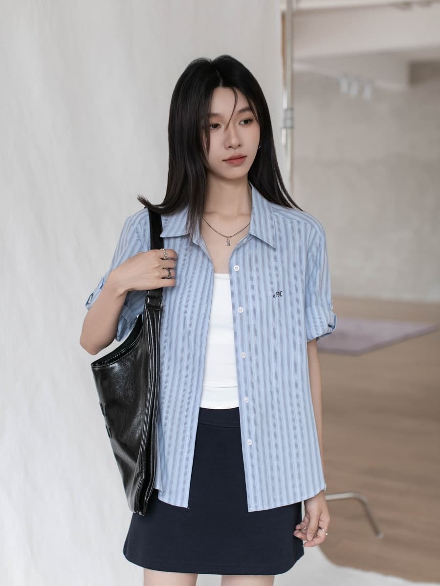 실사 자수 소매 袢 디자인 순면 세로 줄무늬 여성 셔츠 2026 봄 여름 작은 키 맨위 이미지 3