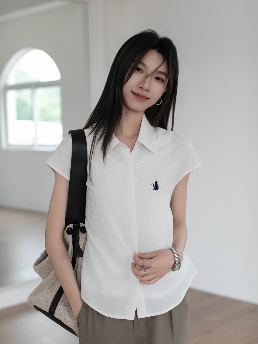 실사 화이트 치자 나무 긴 여름 한국 스타일 미니멀리즘 바람 심지어 어깨 소매 여성 셔츠 작은 키 자수 주간 실크 흰 셔츠 상세 이미지 9