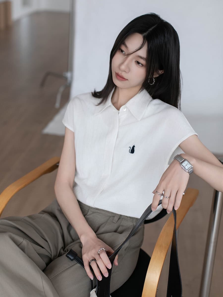 실사 화이트 치자 나무 긴 여름 한국 스타일 미니멀리즘 바람 심지어 어깨 소매 여성 셔츠 작은 키 자수 주간 실크 흰 셔츠 상세 이미지 12