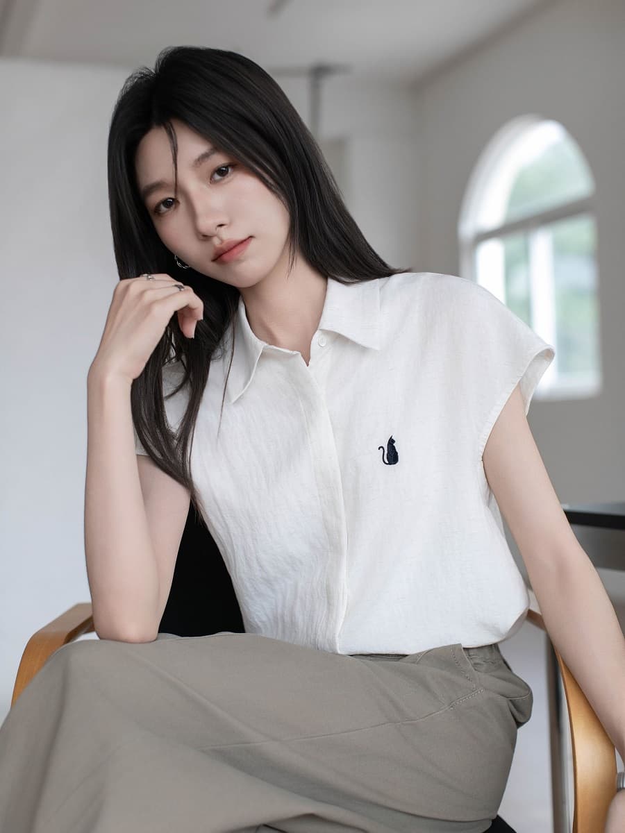실사 화이트 치자 나무 긴 여름 한국 스타일 미니멀리즘 바람 심지어 어깨 소매 여성 셔츠 작은 키 자수 주간 실크 흰 셔츠 상세 이미지 13