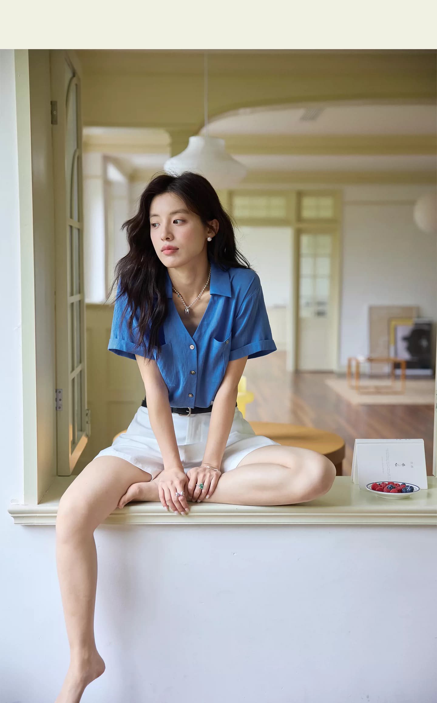 아마 통기성 스트레이트 폴로 칼라 프랑스식 레트로 V넥 톰 글 래 원인 블루 반팔 셔츠 루즈핏 다용도 상세 이미지 16