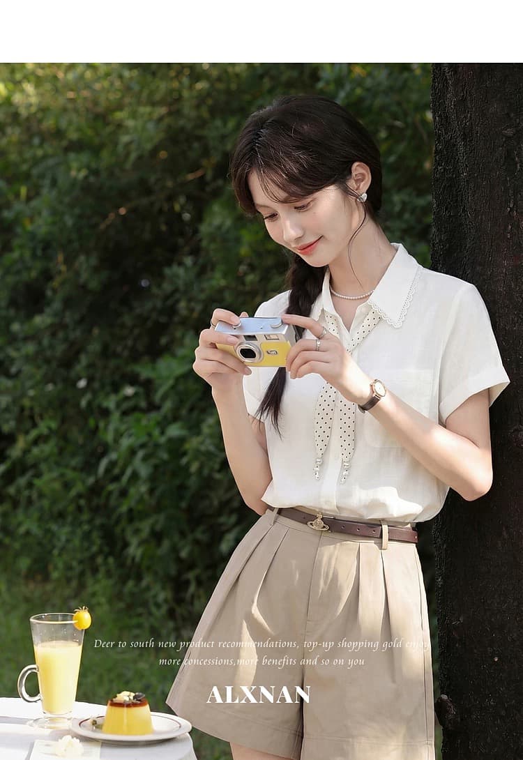 얕은 여름 편지 쌀 살구 화이트 반팔 직장 여성 셔츠 여름 프랑스식 디자인 센스 출퇴근 맨위 상세 이미지 9