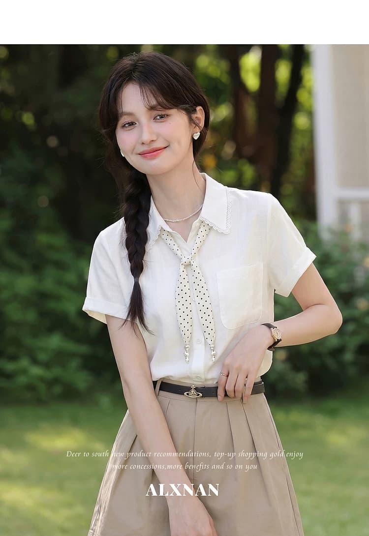 얕은 여름 편지 쌀 살구 화이트 반팔 직장 여성 셔츠 여름 프랑스식 디자인 센스 출퇴근 맨위 상세 이미지 10