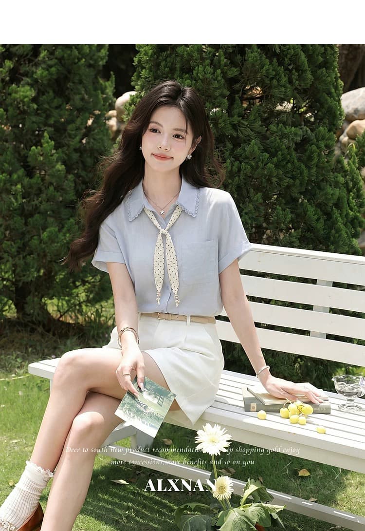 얕은 여름 편지 쌀 살구 화이트 반팔 직장 여성 셔츠 여름 프랑스식 디자인 센스 출퇴근 맨위 상세 이미지 14
