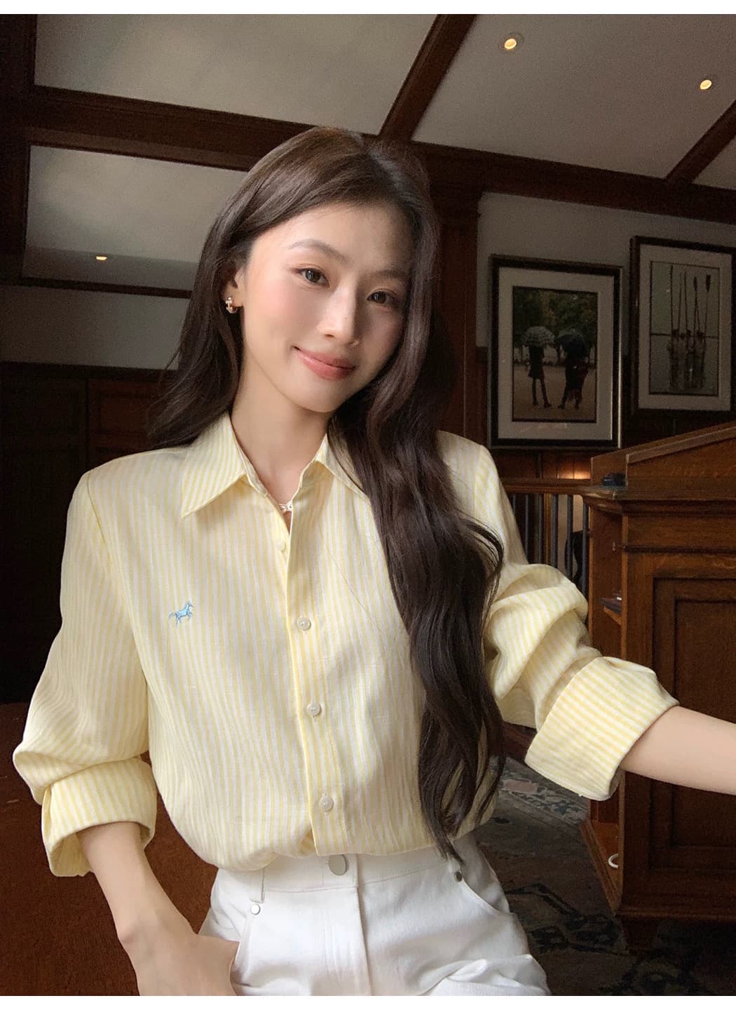悸动 일기 라이 경기 서울 아마 자수 스트라이프 여성 셔츠 폴로 칼라 루즈핏 긴팔 셔츠 상세 이미지 4