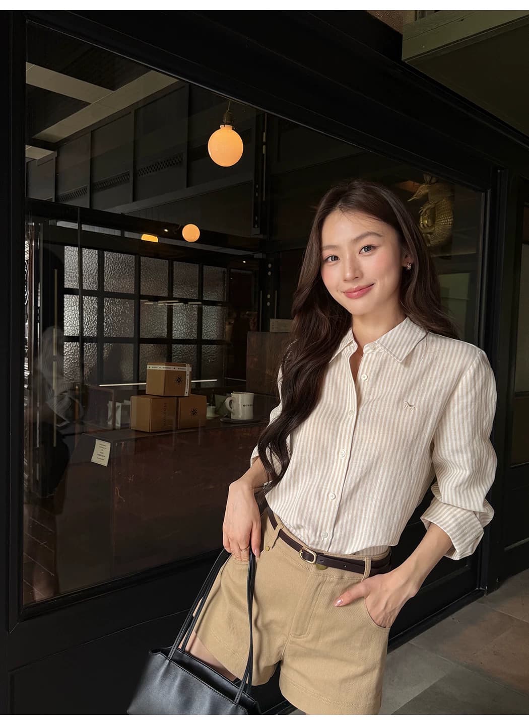 悸动 일기 라이 경기 서울 아마 자수 스트라이프 여성 셔츠 폴로 칼라 루즈핏 긴팔 셔츠 상세 이미지 23
