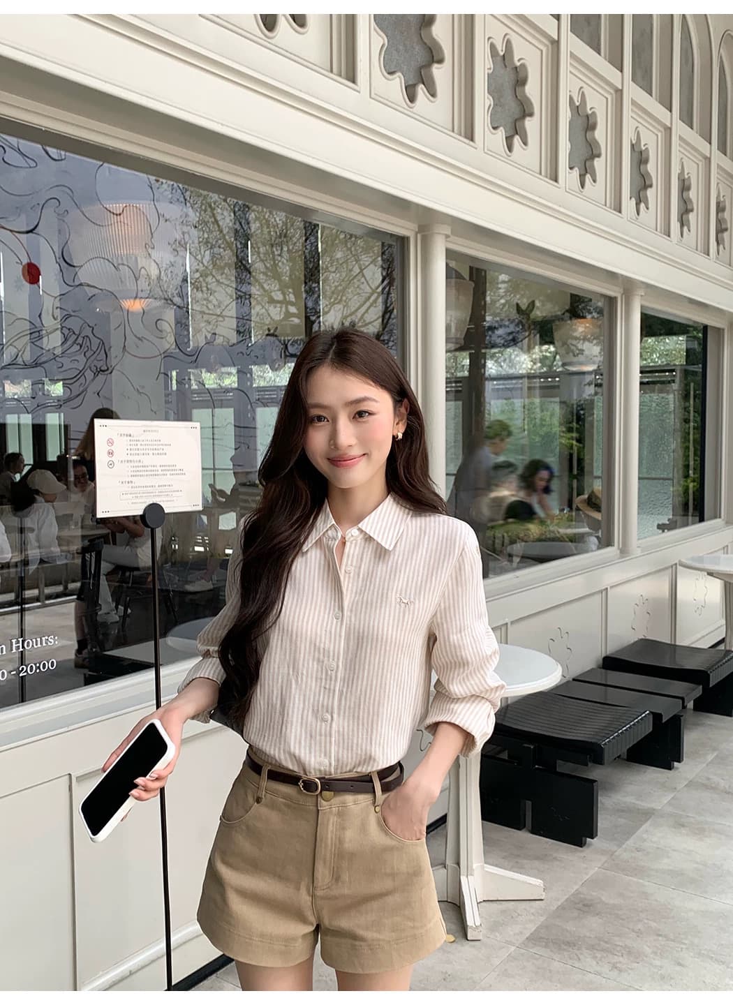 悸动 일기 라이 경기 서울 아마 자수 스트라이프 여성 셔츠 폴로 칼라 루즈핏 긴팔 셔츠 상세 이미지 24