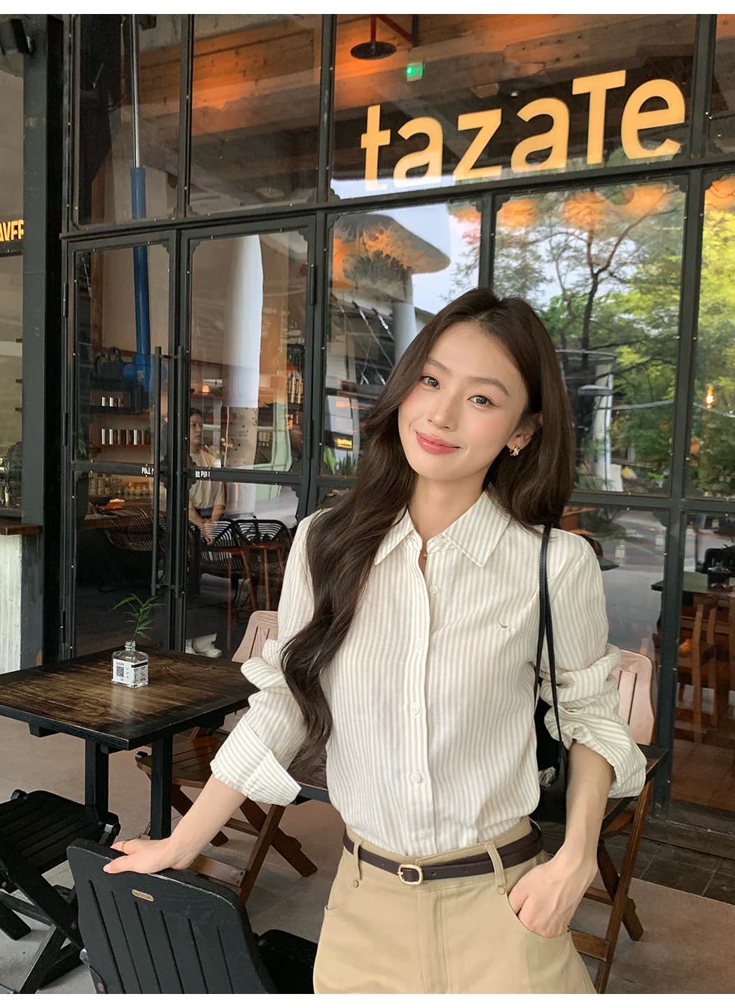 悸动 일기 라이 경기 서울 아마 자수 스트라이프 여성 셔츠 폴로 칼라 루즈핏 긴팔 셔츠 상세 이미지 28