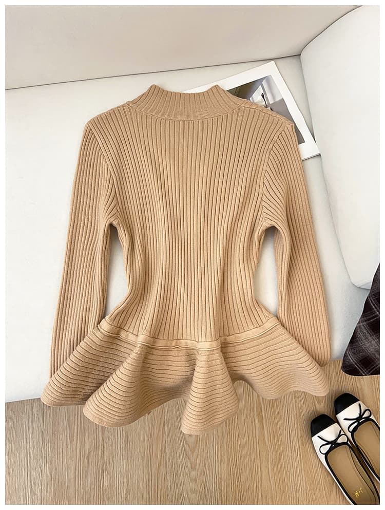 실사 실사 대 물품 있음 대 그림 2026 년 봄 가을 겨울 연꽃 잎 측면 길이 소매 위버 허리 수축 스웨터 상세 이미지 8