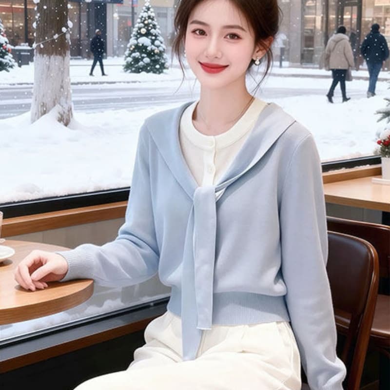 고급 센스 숄 달콤한 스타일 품격 패치워크 스웨터 니트 스웨터 여성 2026 봄 가을 겨울 새로운 페이크 레이어드 맨위 이미지 3