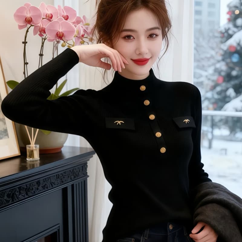 반하이넥 단추 니트 여성 2026 봄 가을 겨울 긴팔 몸매 가꾸기 슬림해 보이는 품격 고급 센스 예쁜 스웨터 맨위 이미지 3