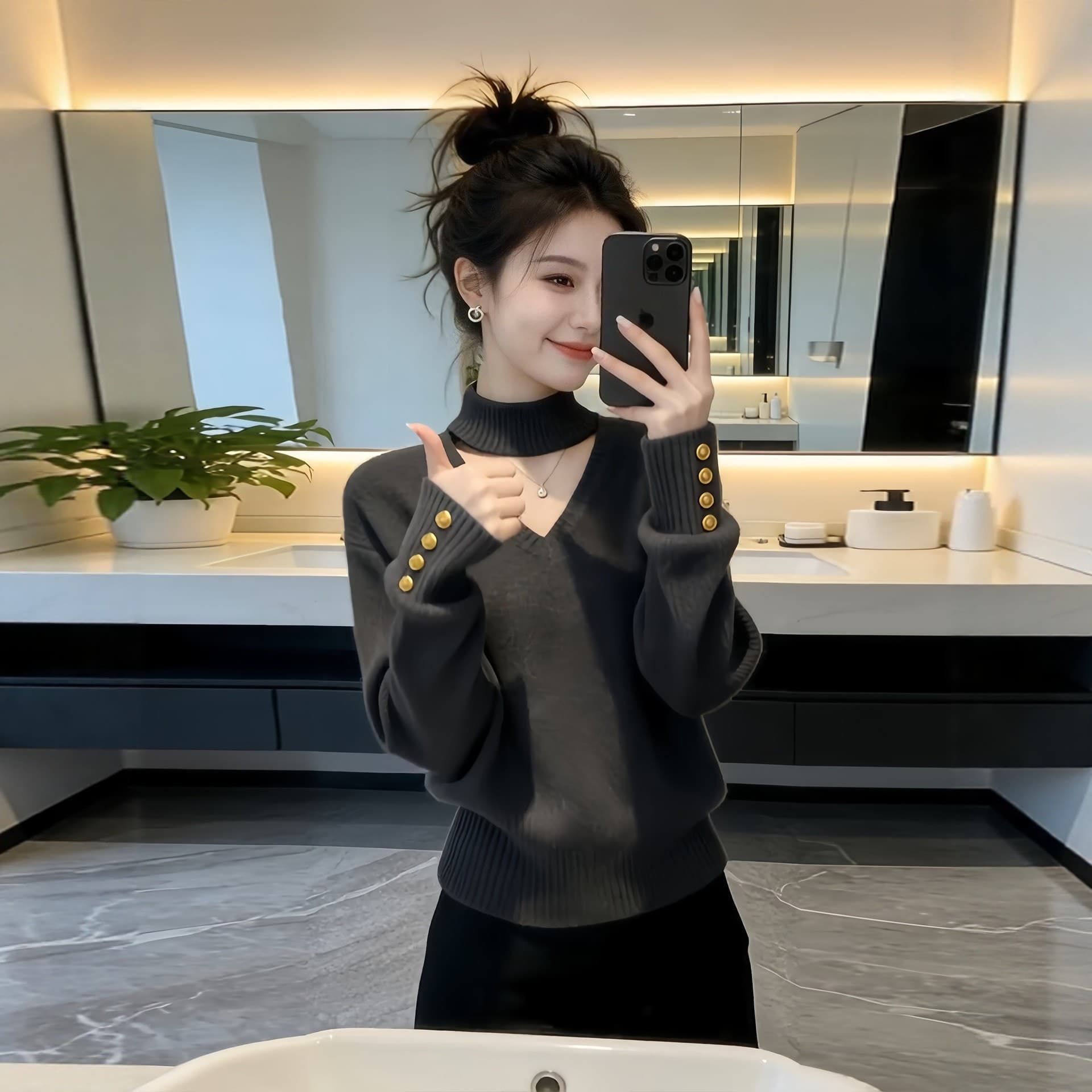 한 부서 느긋한 바람 어두운 회색 V넥 허리 수축 니트 스웨터 스웨터 여자 2026 봄 가을 겨울 슈퍼 화재 아니요 명중 섹션 맨위 이미지 3