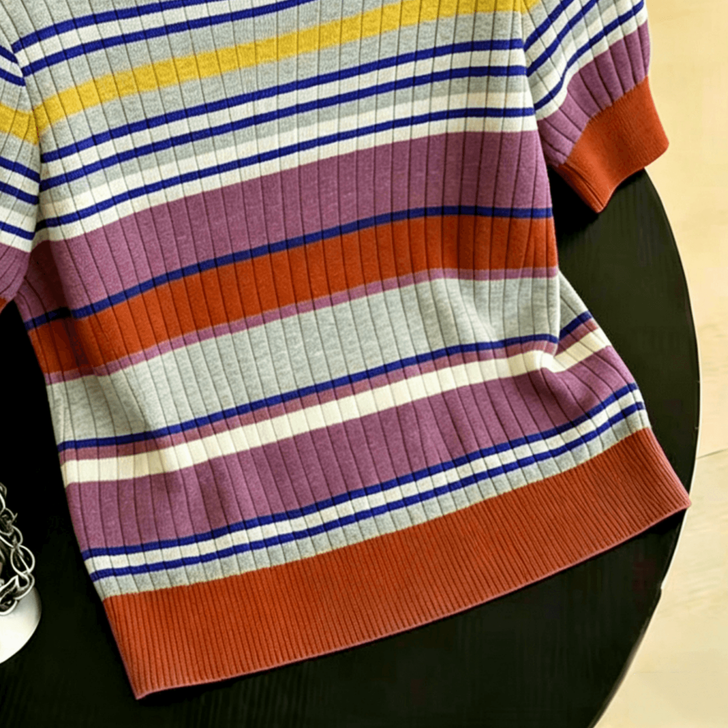 실사 실사 2026 여름 새로운 몸매 가꾸기 무지개 스트라이프 얼음 실크 라운드 넥 니트 반팔 티셔츠 맨위 상세 이미지 5