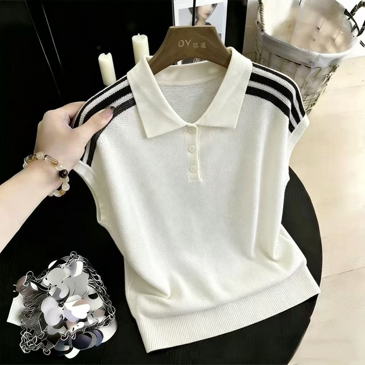 실사 실사 2026 여름 새로운 여성 POLO 칼라 스트라이프 패치워크 색상 뽕나무 누에 실크 외국 가스 니트 맨위 이미지 2