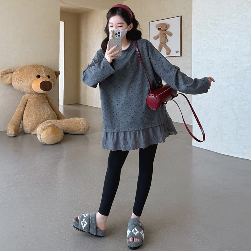 실사 지금 가을 새로운 한국 스타일 루즈핏 도트 무늬 패치워크 기본 셔츠 임산부 중간 길이 드레스 이미지 4