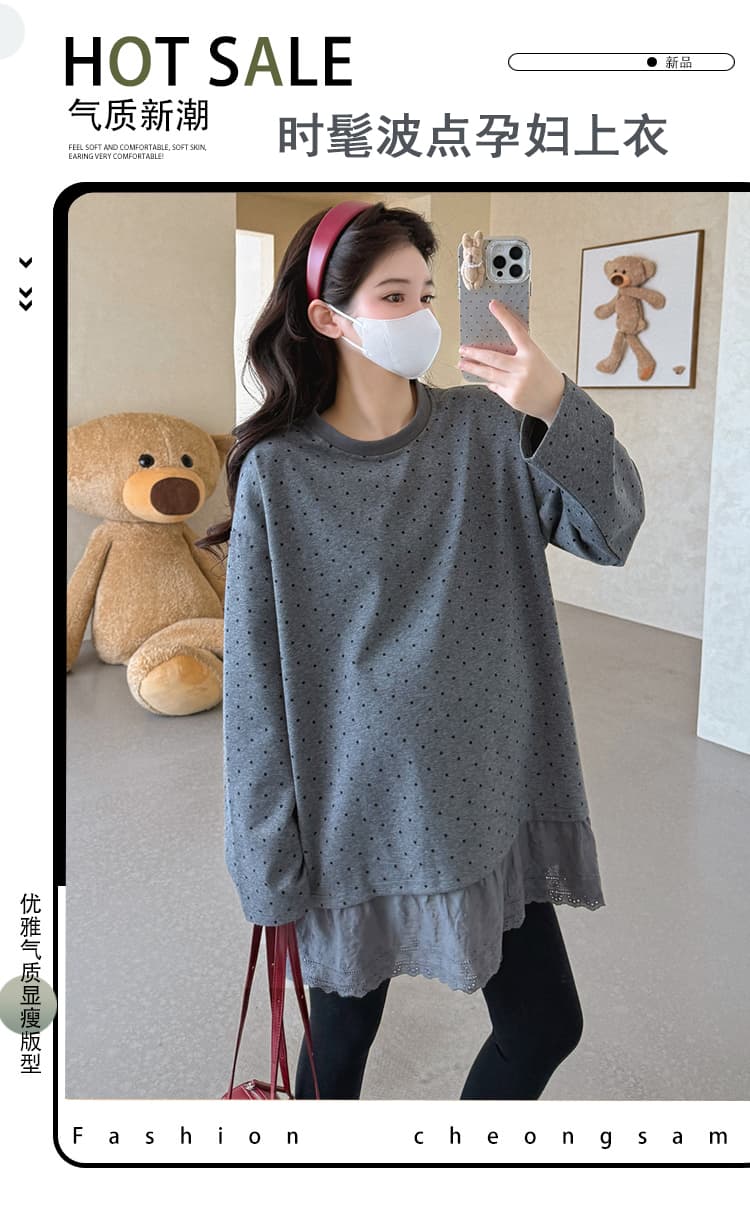 실사 지금 가을 새로운 한국 스타일 루즈핏 도트 무늬 패치워크 기본 셔츠 임산부 중간 길이 드레스 상세 이미지 1