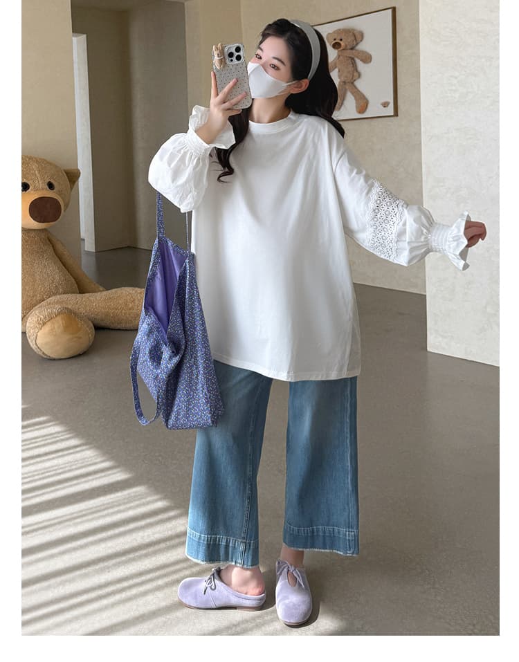 실사 지금 2026 임산부 봄 새로운 화이트 티셔츠 루즈핏 빅 보드 종류 레이스 조각 표지 엉덩이 인사이드 잡아라. 의류 상세 이미지 19