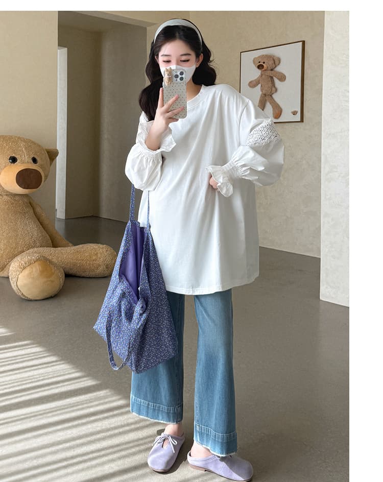 실사 지금 임산부 봄 니트 패치워크 워시 물 면 티셔츠 루즈핏 빅 보드 레이스 조각 표지 엉덩이 인사이드 잡아라. 의류 상세 이미지 9