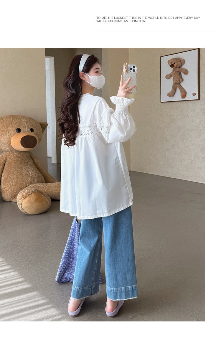 실사 지금 임산부 봄 니트 패치워크 워시 물 면 티셔츠 루즈핏 빅 보드 레이스 조각 표지 엉덩이 인사이드 잡아라. 의류 상세 이미지 21