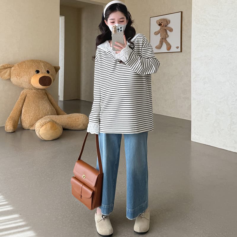 실사 지금 임산부 가을 새로운 레이스 조각 흑백 줄무늬 후드 긴팔 후드티 루즈핏 빅 보드 티셔츠 이미지 5