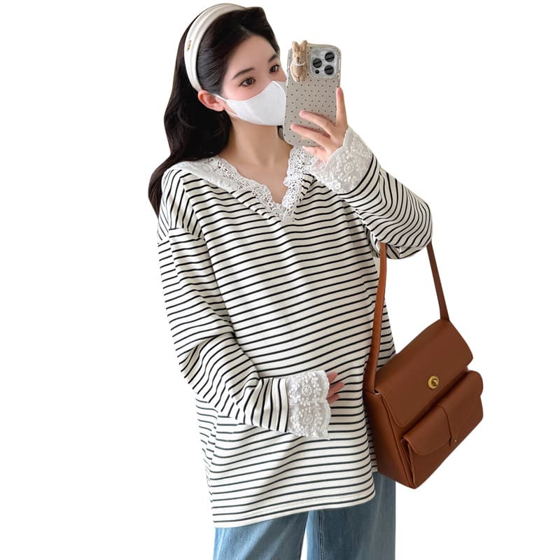 실사 지금 임산부 가을 새로운 레이스 조각 흑백 줄무늬 후드 긴팔 후드티 루즈핏 빅 보드 티셔츠 이미지 6