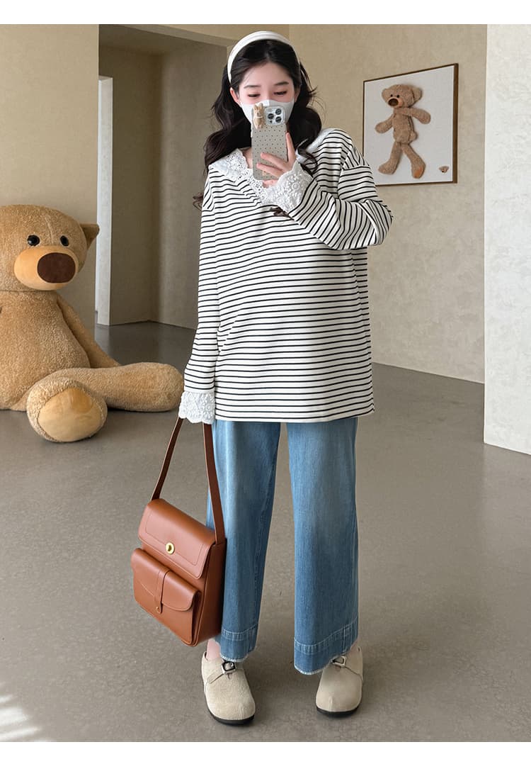 실사 지금 임산부 가을 새로운 레이스 조각 흑백 줄무늬 후드 긴팔 후드티 루즈핏 빅 보드 티셔츠 상세 이미지 13