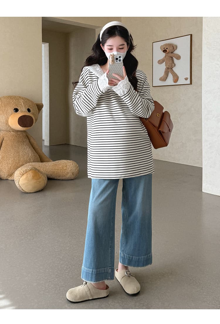 실사 지금 임산부 가을 새로운 레이스 조각 흑백 줄무늬 후드 긴팔 후드티 루즈핏 빅 보드 티셔츠 상세 이미지 14