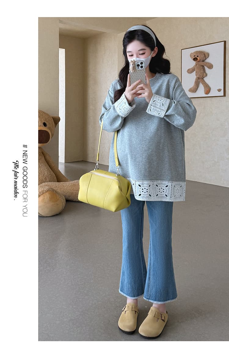 실사 지금 임산부 가을 새로운 긴팔 한국 스타일 티셔츠 레이스 조각 사계절 섹션 기본 셔츠 다용도 맨위 상세 이미지 13