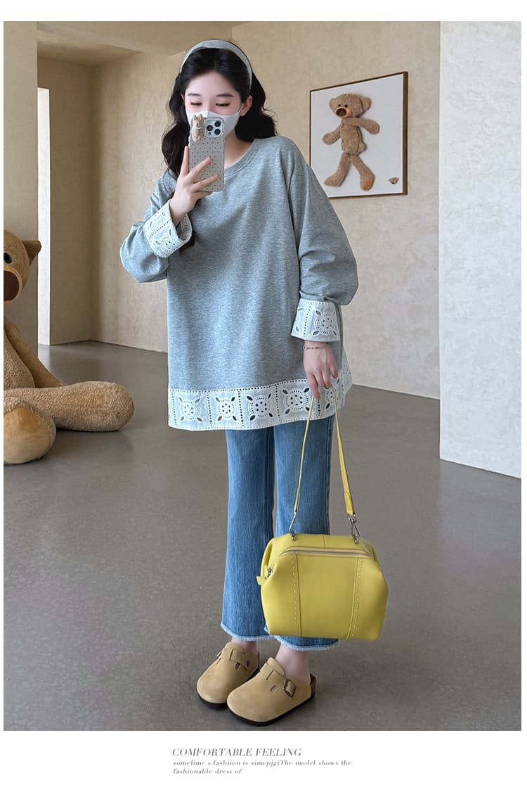 실사 지금 임산부 가을 새로운 긴팔 한국 스타일 티셔츠 레이스 조각 사계절 섹션 기본 셔츠 다용도 맨위 상세 이미지 16