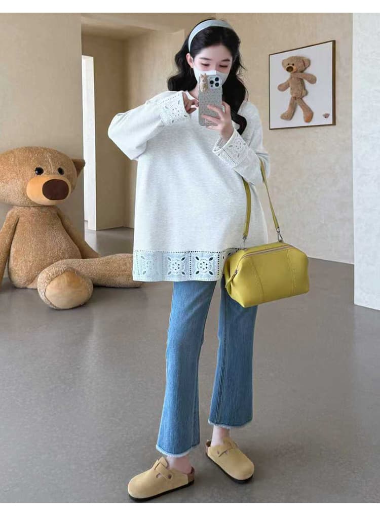 실사 지금 임산부 가을 새로운 긴팔 한국 스타일 티셔츠 레이스 조각 사계절 섹션 기본 셔츠 다용도 맨위 상세 이미지 25