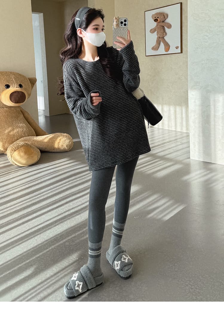 대 물품 실사 두꺼운 양면 연삭 털 호주 플러시 임산부 가을 겨울철 스트라이프 티셔츠 맨위 루즈핏 표지 엉덩이 기본 셔츠 상세 이미지 18