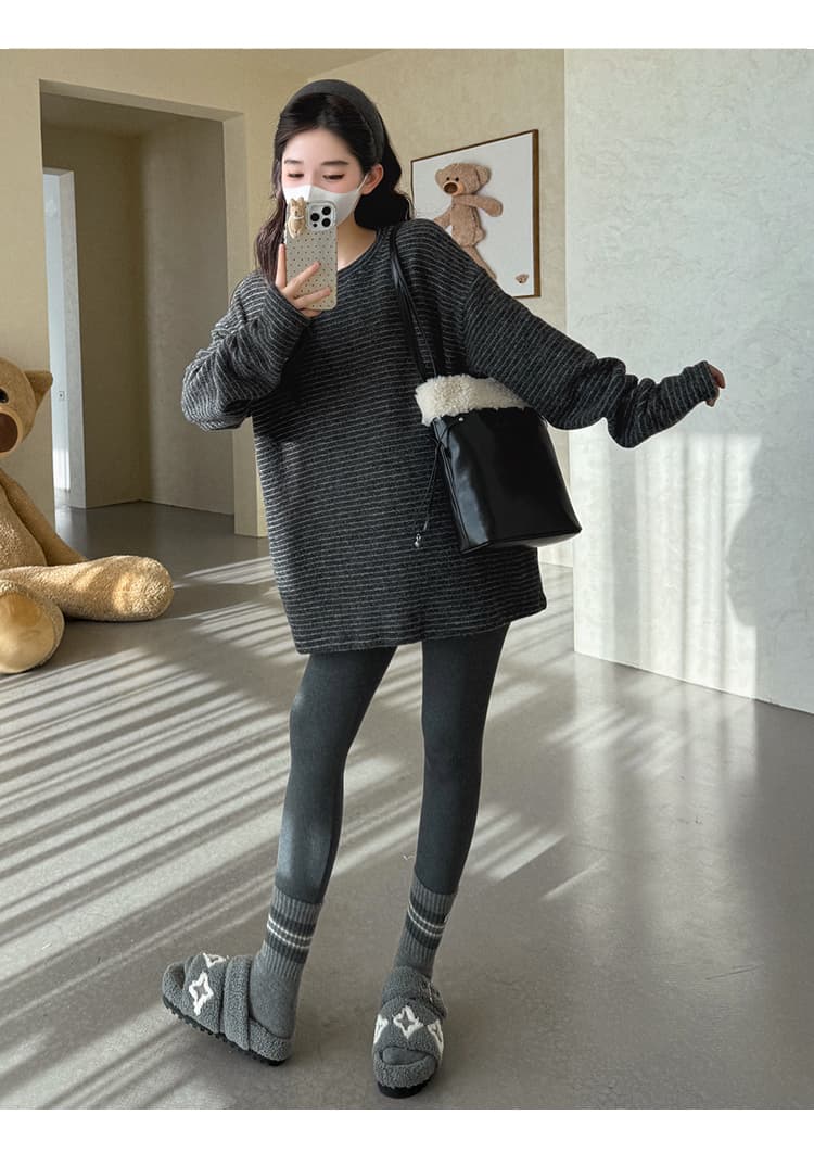 대 물품 실사 두꺼운 양면 연삭 털 호주 플러시 임산부 가을 겨울철 스트라이프 티셔츠 맨위 루즈핏 표지 엉덩이 기본 셔츠 상세 이미지 22