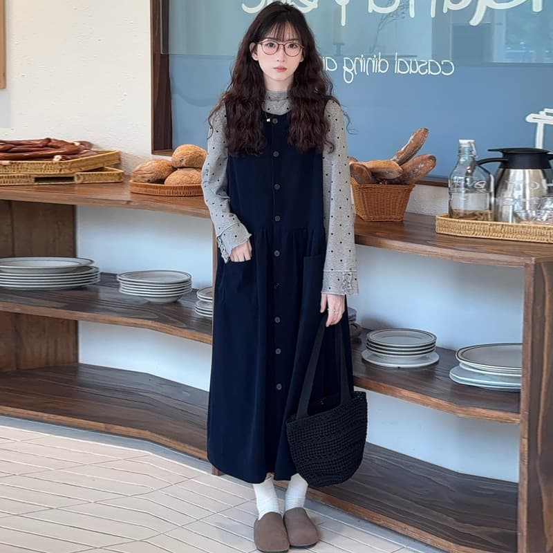 대 물품 임산부 가을 한 부서 루즈핏 코듀로이 싱글 줄 버튼 조끼 스커트 하트 레이스 반하이넥 기본 셔츠 이미지 3