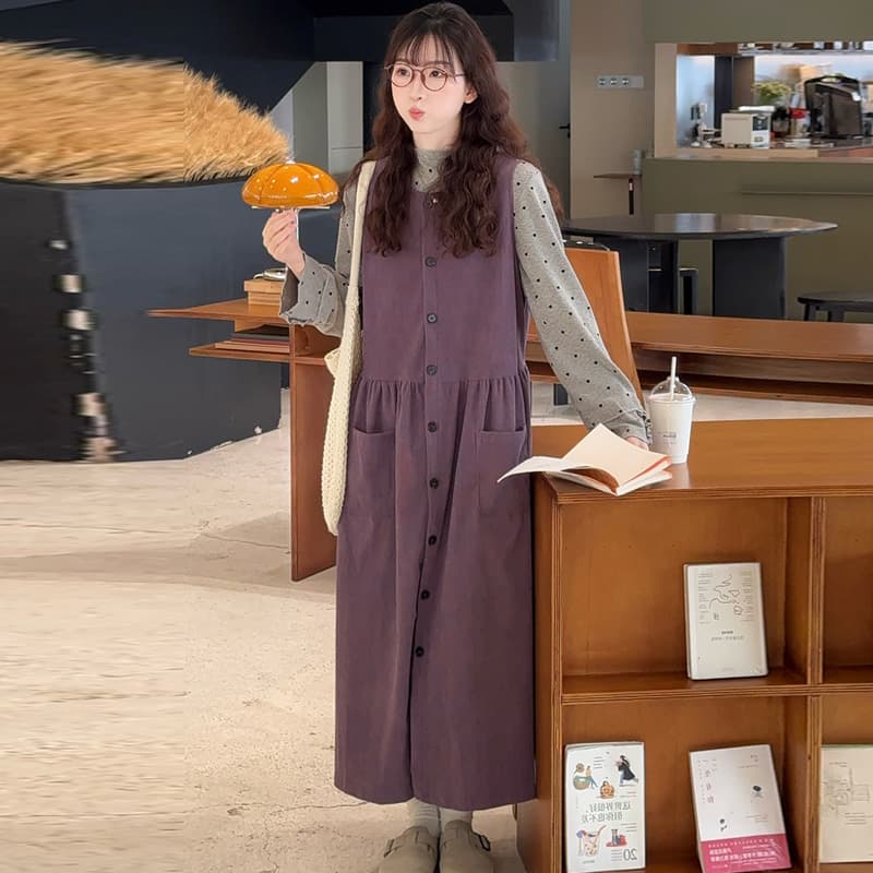 대 물품 임산부 가을 한 부서 루즈핏 코듀로이 싱글 줄 버튼 조끼 스커트 하트 레이스 반하이넥 기본 셔츠 이미지 4
