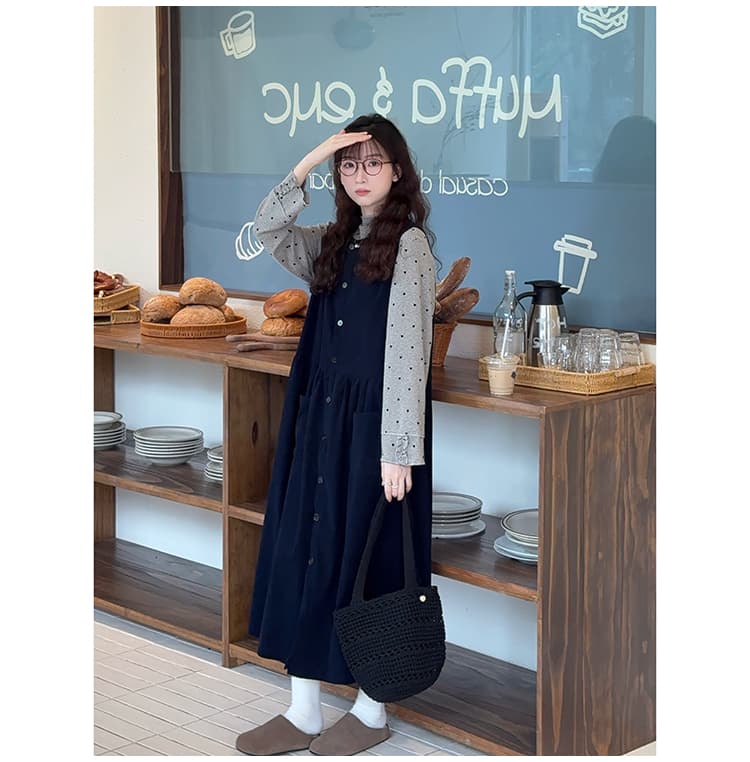 대 물품 임산부 가을 한 부서 루즈핏 코듀로이 싱글 줄 버튼 조끼 스커트 하트 레이스 반하이넥 기본 셔츠 상세 이미지 9