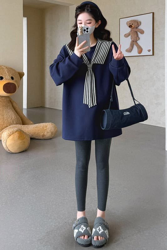 실사 지금 임산부 가을 의상 새로운 스트라이프 숄 긴팔 후드티 패션 다용도 루즈핏 맨위 털이 있고 두꺼운 이미지 7
