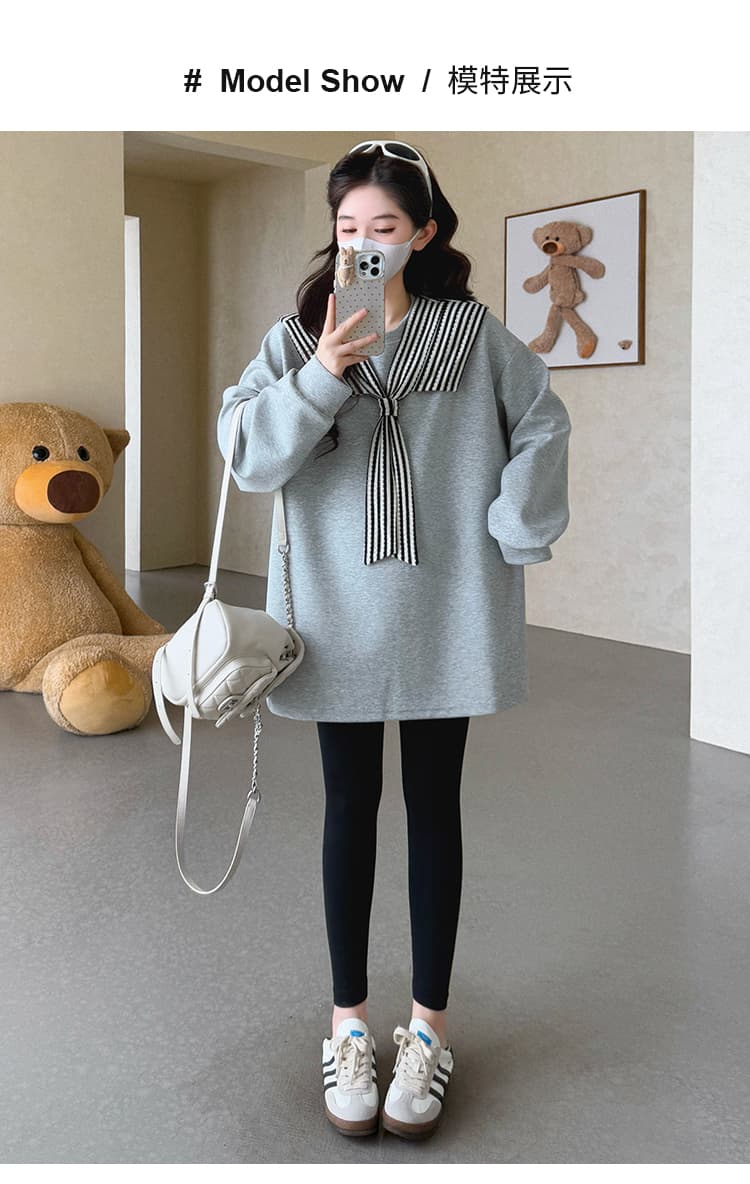 실사 지금 임산부 가을 의상 새로운 스트라이프 숄 긴팔 후드티 패션 다용도 루즈핏 맨위 털이 있고 두꺼운 상세 이미지 10
