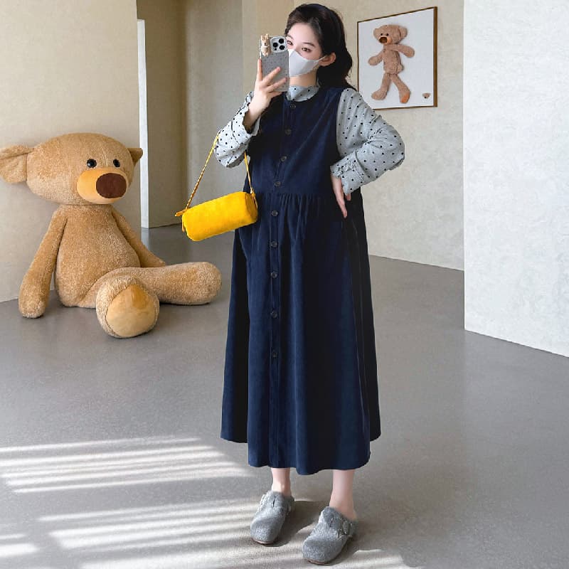 실사 지금 임산부 봄 드레스 루즈핏 코듀로이 싱글 줄 버튼 조끼 스커트 하트 레이스 반하이넥 기본 셔츠 이미지 5