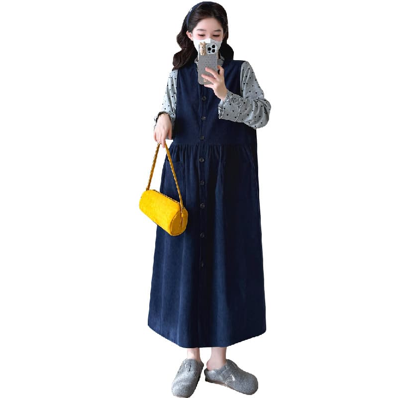 실사 지금 임산부 봄 드레스 루즈핏 코듀로이 싱글 줄 버튼 조끼 스커트 하트 레이스 반하이넥 기본 셔츠 이미지 6