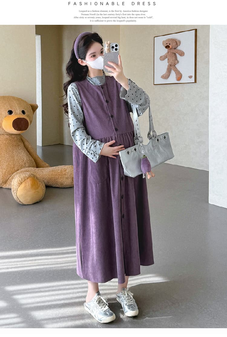실사 지금 임산부 봄 드레스 루즈핏 코듀로이 싱글 줄 버튼 조끼 스커트 하트 레이스 반하이넥 기본 셔츠 상세 이미지 15