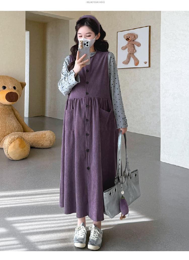 실사 지금 임산부 봄 드레스 루즈핏 코듀로이 싱글 줄 버튼 조끼 스커트 하트 레이스 반하이넥 기본 셔츠 상세 이미지 17