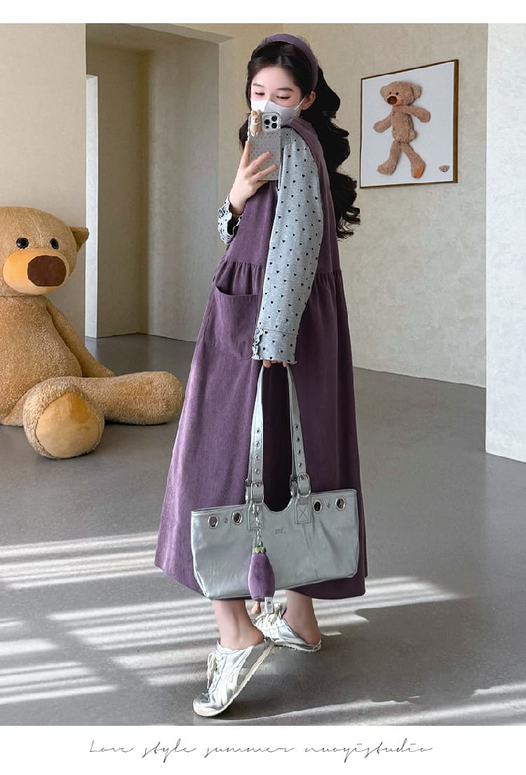 실사 지금 임산부 봄 드레스 루즈핏 코듀로이 싱글 줄 버튼 조끼 스커트 하트 레이스 반하이넥 기본 셔츠 상세 이미지 19